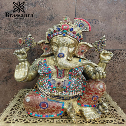 Brassaura™ Brass Gem Stone Work Ganesha Statue for Home and Decor | Weight 27 Kgs | Height 20 Inches