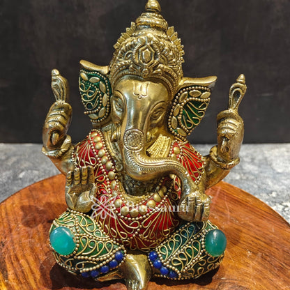 Brassaura™ Brass Gem Stone Work Ganesha Idol for Home and Decor | Weight 1.7 Kgs | Height 6 Inches