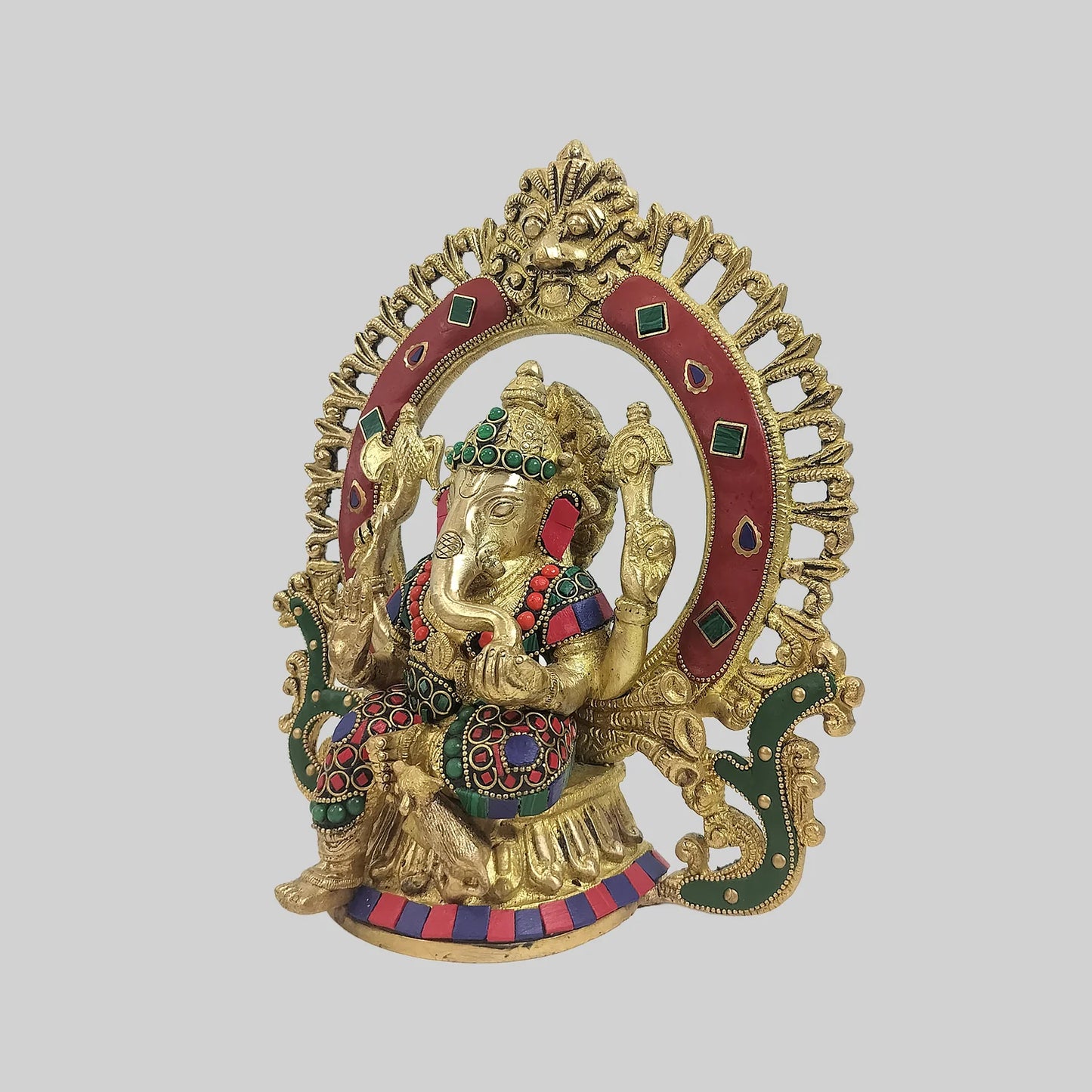Brassaura® Lord Ganesha Brass Statue with Decorative Aureole | Stonework Finish | Height 8.7 Inches & Weight 2.5 Kgs