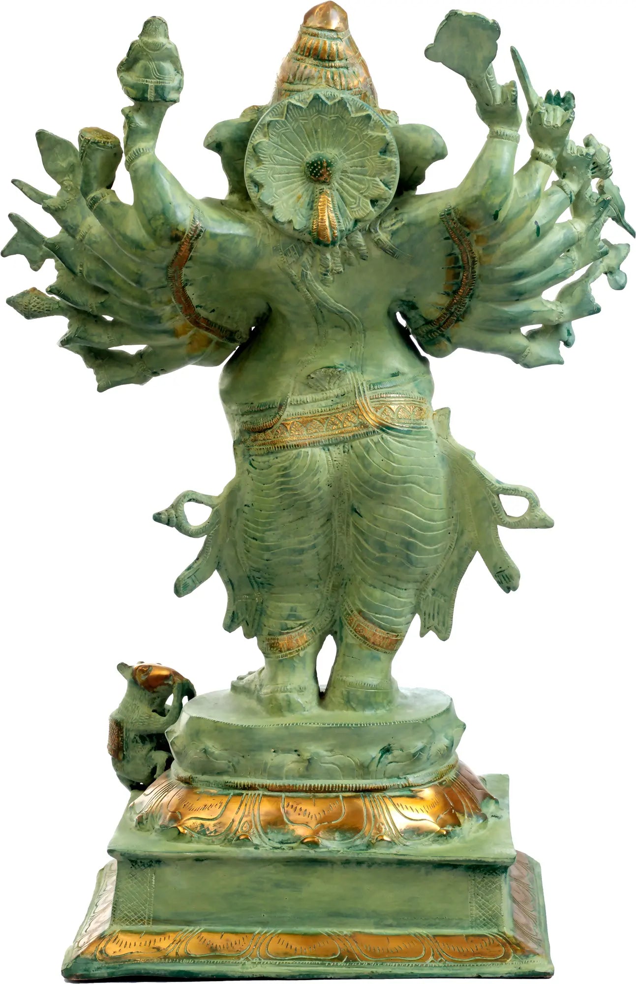 Brassaura™ Sixteen-Armed Veera Ganesha | Pure Brass with Antique Green Patina | Height 23 Inches & Weight 18 kgs