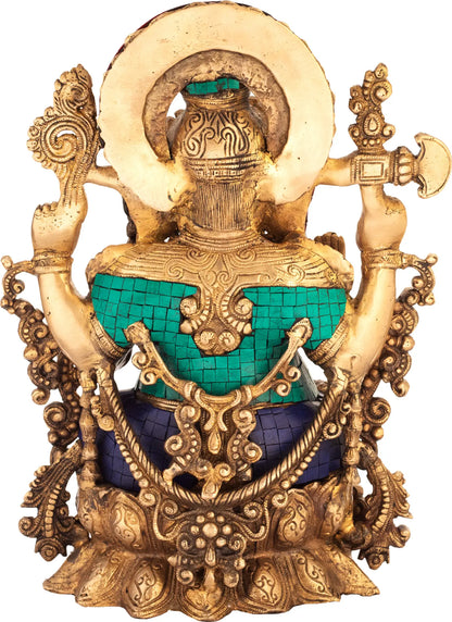 Brassaura™ Seated Lord Ganesha with Ornate Prabhavali & Inlay Work | Pure Brass with Meenakari Stonework | Height 15 Inches & Weight 13.30 kgs