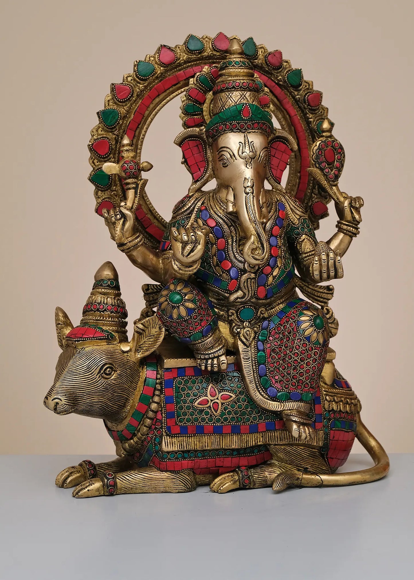 Brassaura™ Lord Ganesha Seated on Mushak | Pure Brass with Meenakari Inlay Work | Height 16 Inches & Weight 14.48 Kgs