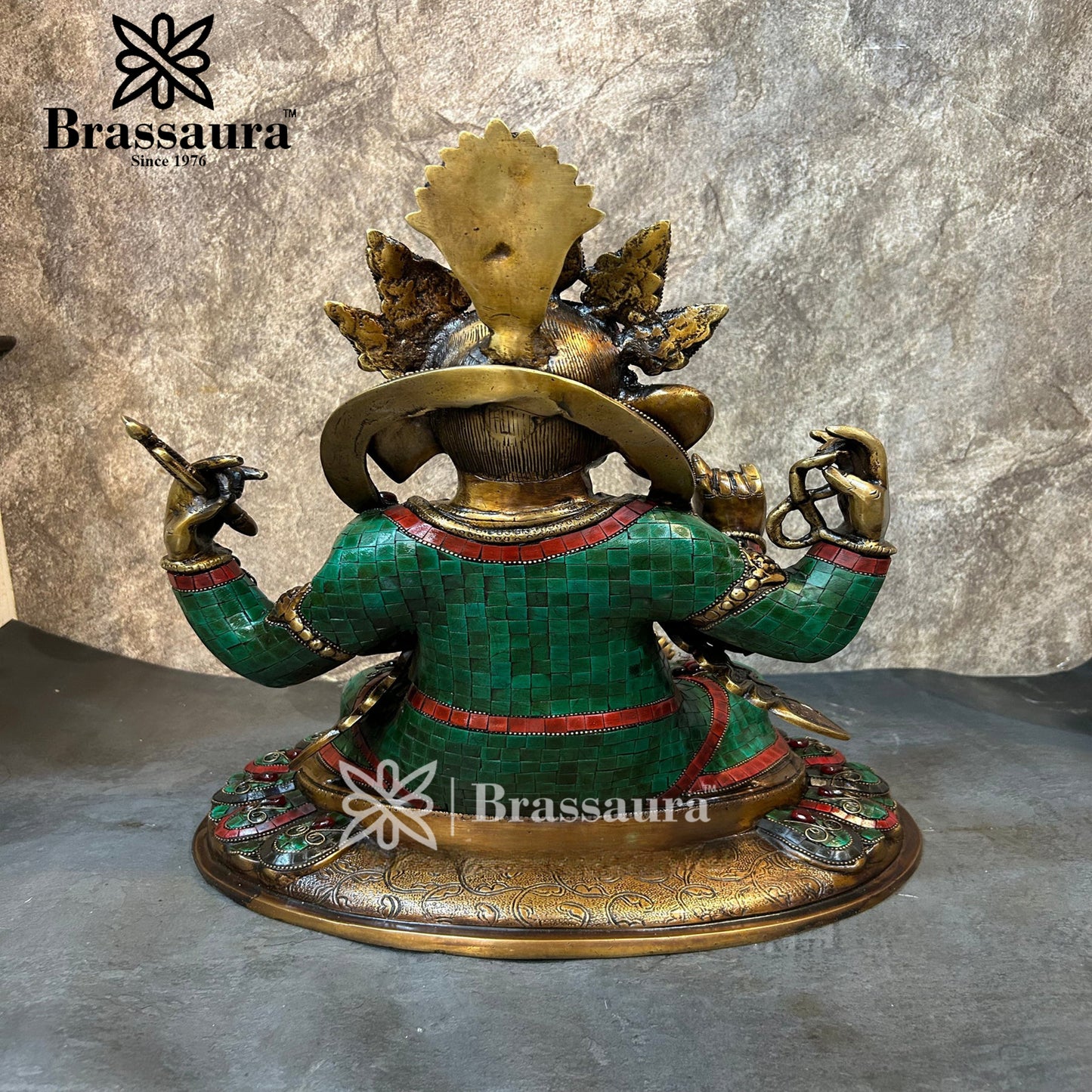 Brassaura™ Brass Gem Stone Work Lotus Ganesha Idol for Home and Decor | Weight 14.7 Kgs | Height 16.93 Inches