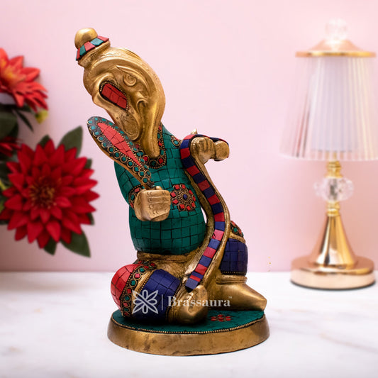 Brassaura™ Brass Gem Stone Work Ganesha Idol for Home and Decor | Weight 4.4 Kgs | Height 12 Inches