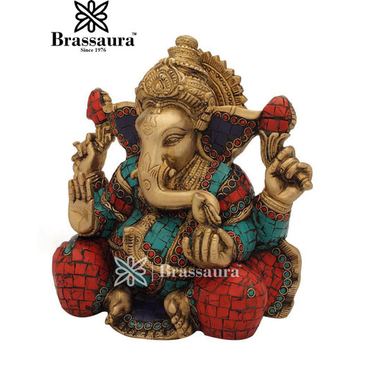 Brass Gem Stone Work Ganesha Statue For Home Decor Weight 5.4 Kg And Height 9 Inch