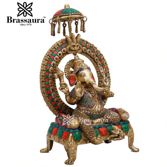 Brassaura™ Brass Gem Stone Work Ganesha Idol for Home and Decor | Weight 9.5 Kgs | Height 18 Inches