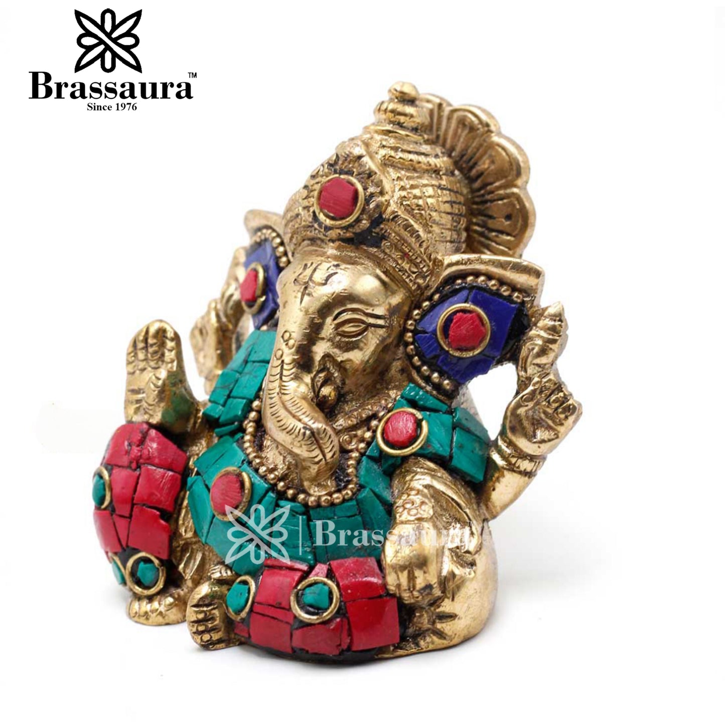 Brass Gem Stone Work Ganesha Statue For Home Decor And Gift Item Weight .45 Kg And Height 2.5 Inch