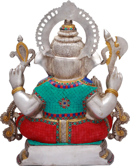 Brassaura™ Lord Ganesha Seated on Lotus with Vibrant Stone Inlay | Height 19 Inches & Weight 24.40 kgs