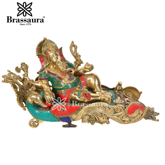 Brass Gem Stone Work Relaxing Ganesh Idol For Home Decor Weight 36 Kg And Height 16 Inch