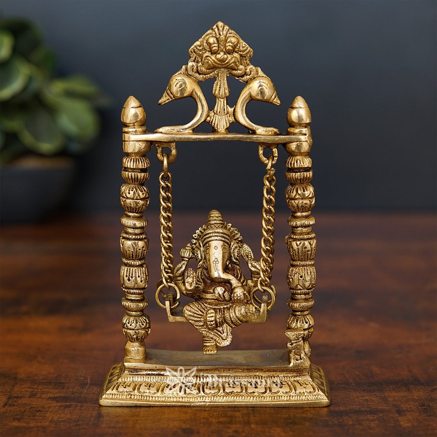 Brassaura™ Brass Ganesha Jhula Idol for Home and Decor | Weight 1.3 Kgs | Height 9 Inches