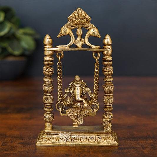 Brassaura™ Brass Ganesha Jhula Idol for Home and Decor | Weight 1.3 Kgs | Height 9 Inches
