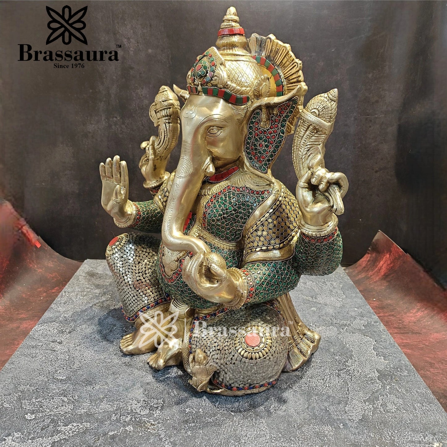 Brassaura™ Brass Gem Stone Work Ganesha Idol for Home and Decor | Weight 20 Kgs | Height 20 Inches