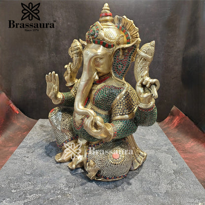 Brassaura™ Brass Gem Stone Work Ganesha Idol for Home and Decor | Weight 20 Kgs | Height 20 Inches