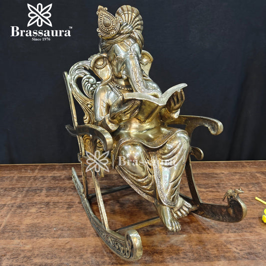 Brassaura™ Brass Chair Ganesha Statue for Home and Decor | Weight 27 Kgs | Height 13 Inches