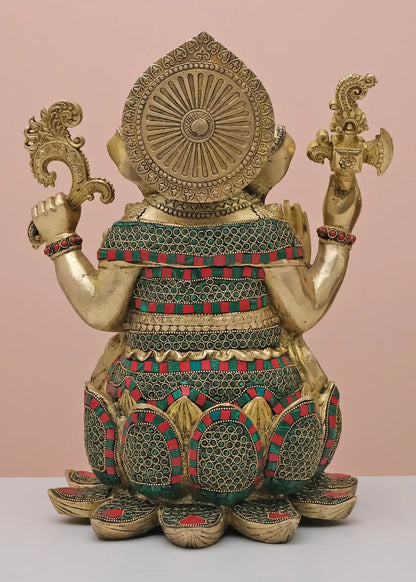 Brassaura™ Brass Lord Ganesha Seated on Lotus with Inlay Work | Height 16 Inches & Weight 15.86 kgs