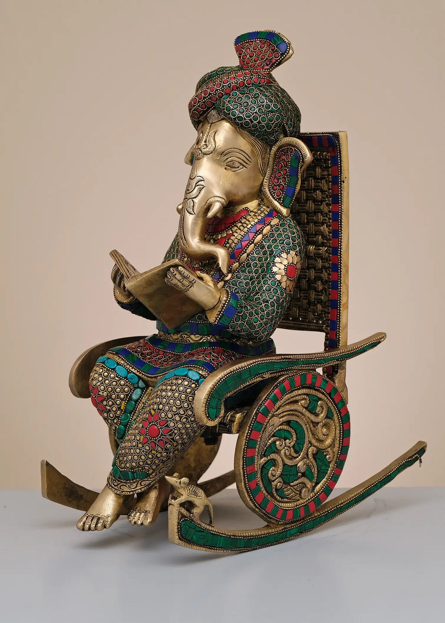 Brassaura™ Lord Ganesha on Rocking Chair | Pure Brass with Meenakari Inlay Work | Height 15 Inches & Weight 13 Kgs
