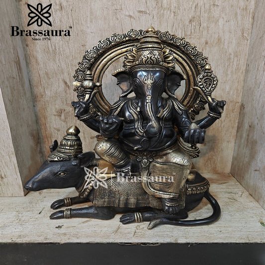 Brassaura™ Brass Ganesha with Mouse Statue for Home and Decor | Weight 15 Kgs | Height 16 Inches