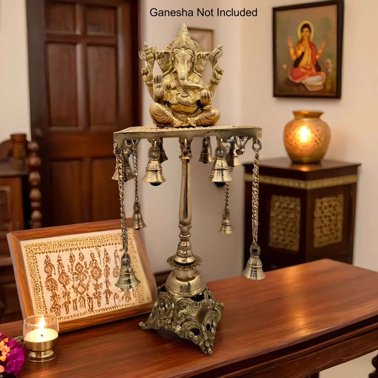 Brassaura™ Brass Pooja Chowki With Hanging Bells – Height 16 Inches & Weight 5 Kgs | Artistic Pooja Room Décor