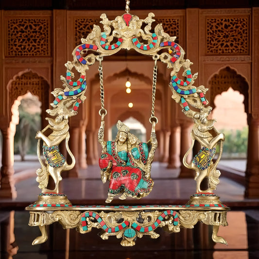 Brassaura™ Brass Radha Krishna on Swing with Natural Stones & Brass Rings – Height 18 Inches & Weight 8 Kgs | Elegant Devotional Statue