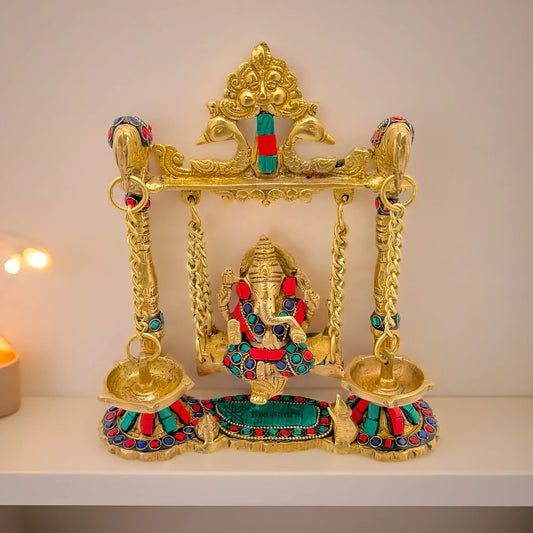 Brassaura™ Brass Gemstone Work Ganesh Jhula with Hanging Diya – Height 9.84 inches | Weight 2 kgs