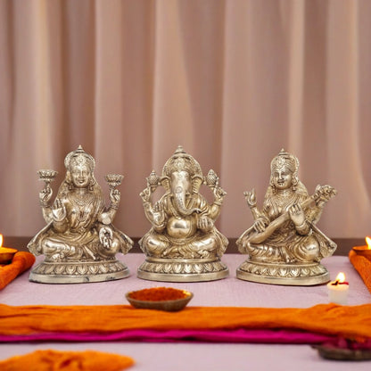 Brassaura™ Elegant Brass Antique Laxmi Ganesha Saraswati Statue – Height 7.5" & Weight 9 Kgs | Temple Décor