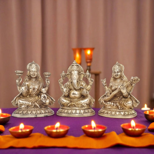 Brassaura™ Elegant Brass Antique Laxmi Ganesha Saraswati Statue – Height 7.5" & Weight 9 Kgs | Temple Décor