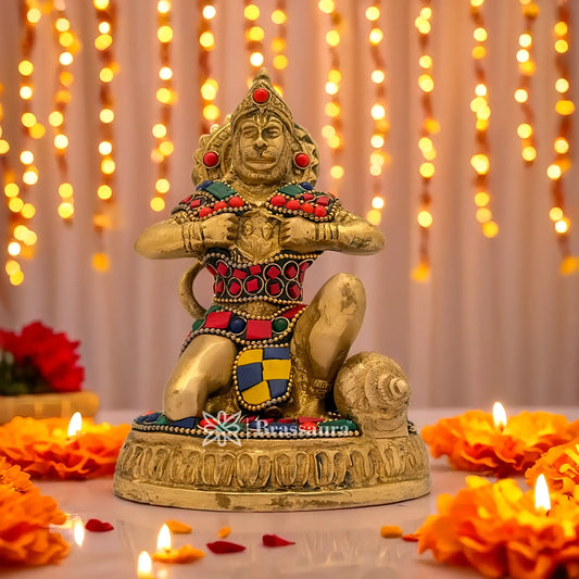 Brassaura™ Brass Hanuman Murti with Gem Stone Work – Height 5.6 Inches & Weight 1.1 Kgs | Temple & Festive Use