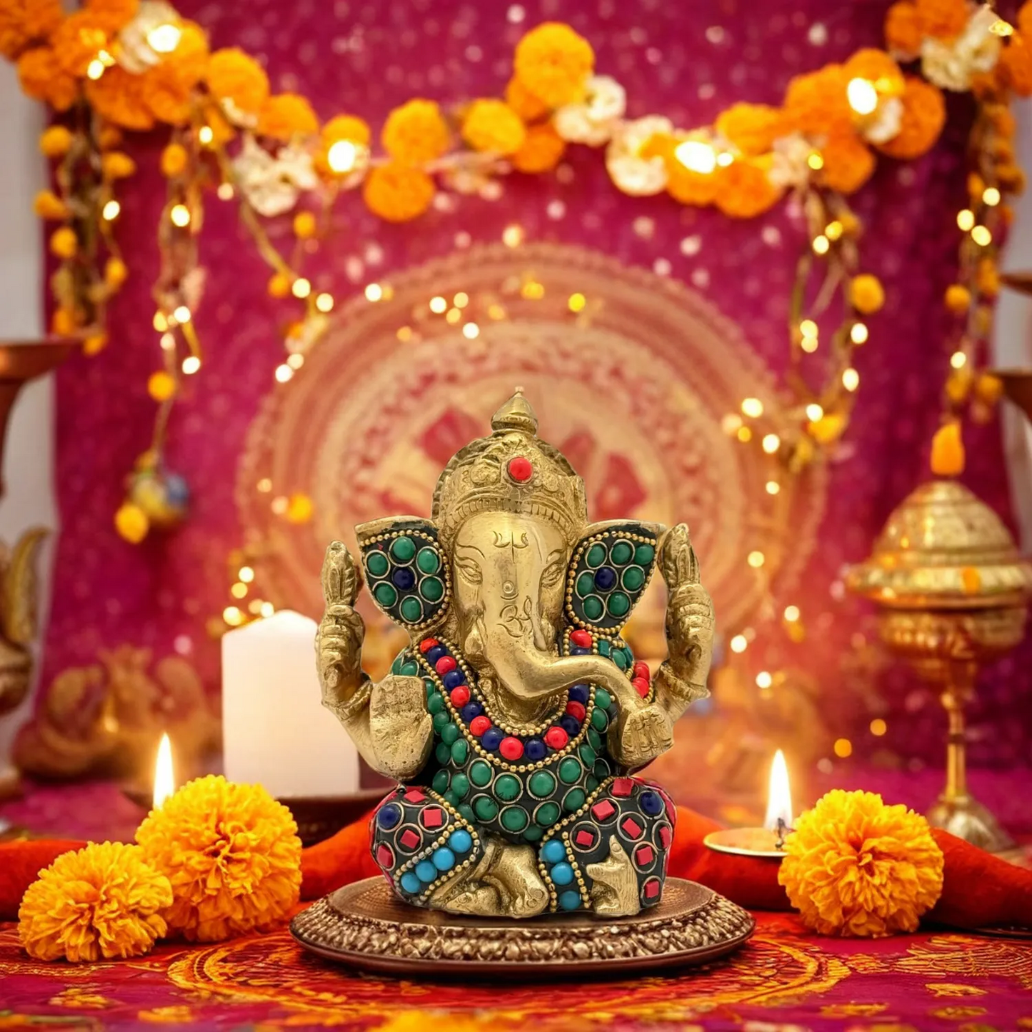 Brass Gem Stone Work Appu Ganesha Statue for Home Decor Weight 860 Gram Height 16 cm