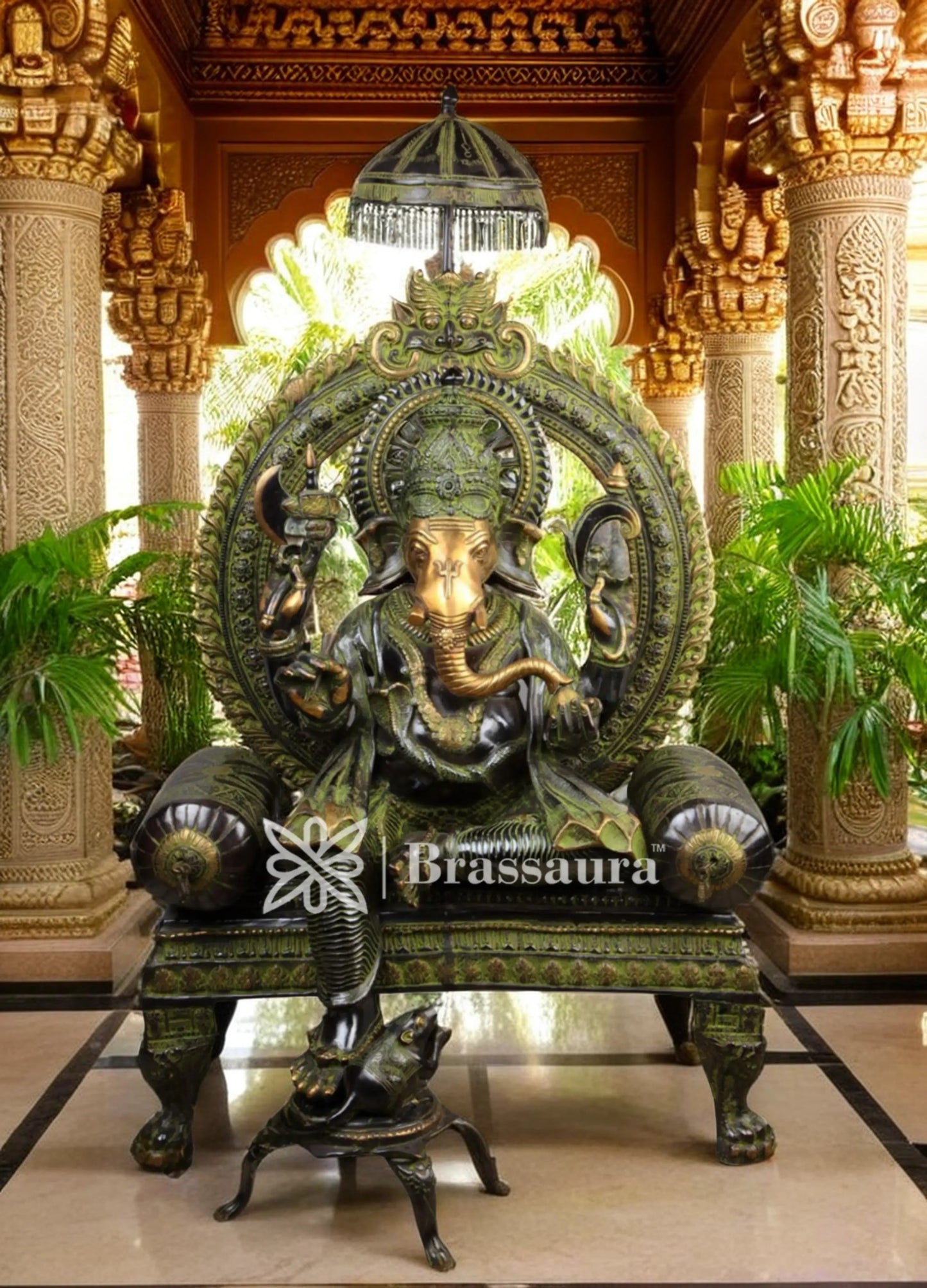 Brassaura™ Brass Ganesha Statue for Home Décor & Gift | Weight 88 Kgs | Height 46 Inches