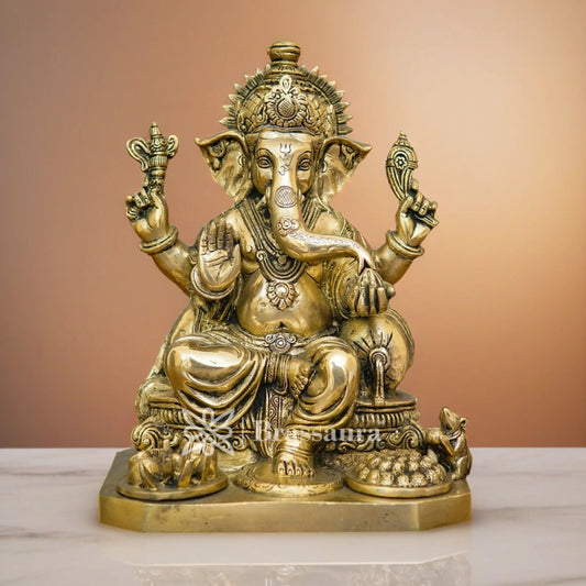 Brassaura™ Brass Ganesha Idol for Home and Decor | Weight 9.5 Kgs | Height 12.5 Inches
