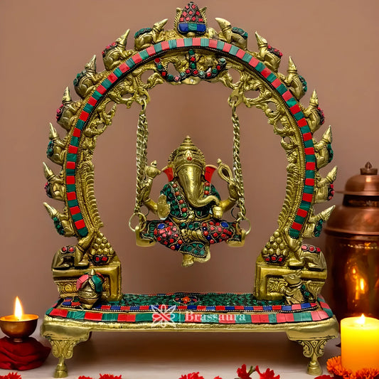 Brassaura™ Brass Gem Stone Work Ganesha Murti – Height 14.6 inches & Weight 5.2 kgs | Ganpati Idol for Pooja & Home Décor