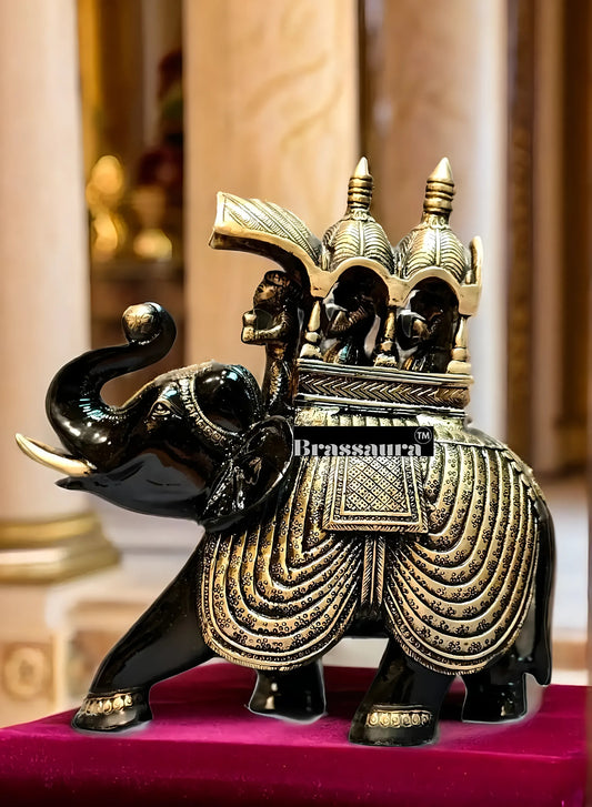 Brassaura™ Pure Brass Ambari Elephant Statue – Height 12 Inches & Weight 7.5 Kgs