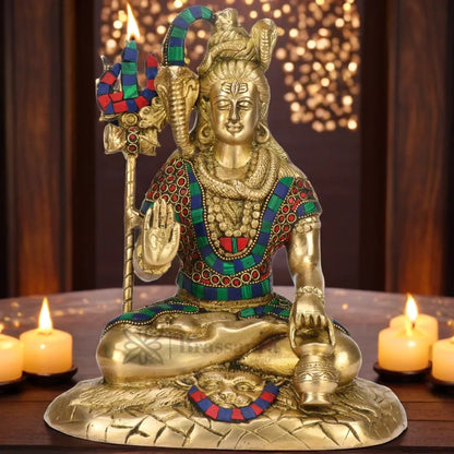Brassaura™ Brass Shiva Idol Adorned with Gem Stones –– Height 11.2 Inches & Weight 4.5 Kgs | Traditional Décor
