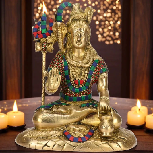 Brassaura™ Brass Shiva Idol Adorned with Gem Stones –– Height 11.2 Inches & Weight 4.5 Kgs | Traditional Décor