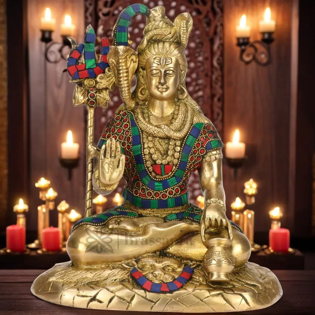 Brassaura™ Brass Shiva Idol Adorned with Gem Stones –– Height 11.2 Inches & Weight 4.5 Kgs | Traditional Décor