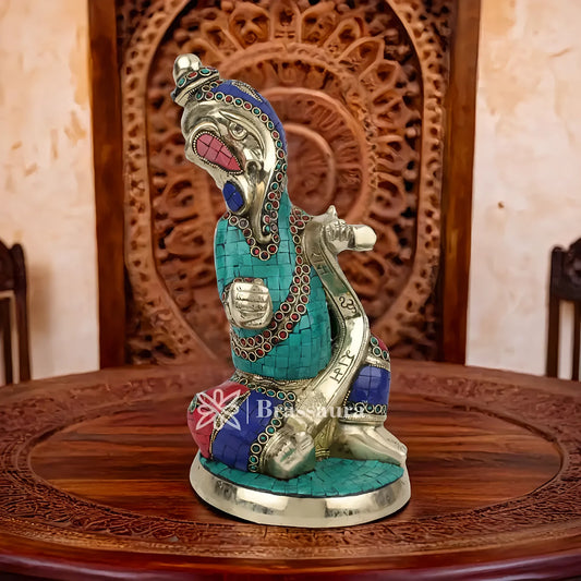 Brassaura™ Brass Ganesha Idol with Gemstone Work | Handcrafted Statue | Height 12 Inches & Weight 4.5 Kgs