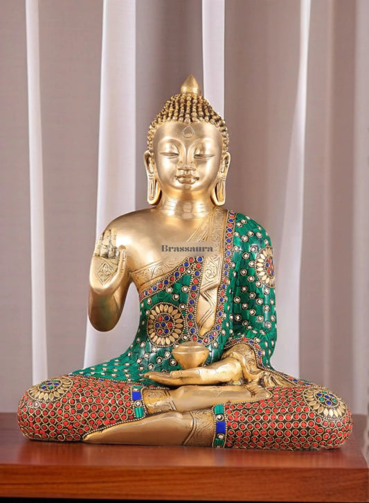 Brassaura™ Brass Buddha Statue in Abhaya Mudra – Height 14 Inches, Weight 8 Kgs