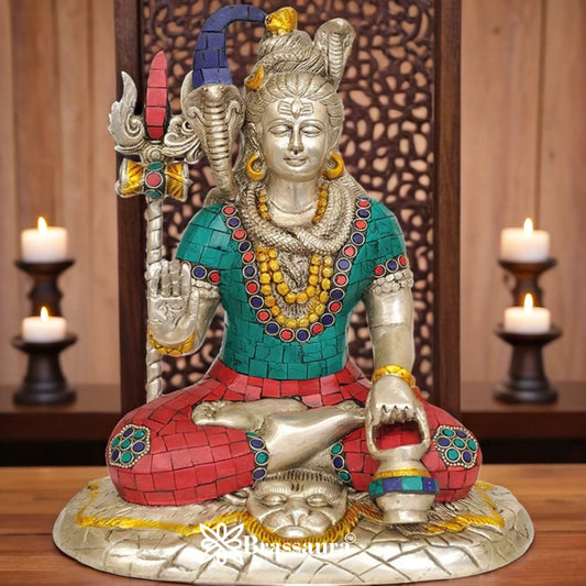 Brassaura™ Brass Gemstone Work Lord Shiva Idol – 10 Inches & Weight 4 Kgs | Divine Home Décor
