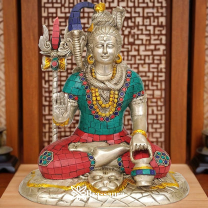 Brassaura™ Brass Gemstone Work Lord Shiva Idol – 10 Inches & Weight 4 Kgs | Divine Home Décor