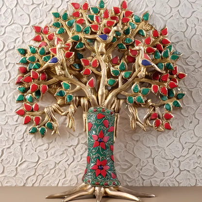 Brassaura™ Brass Kalpavriksha Tree of Life with Birds | Meenakari Stone Work Table Showpiece | Weight 2.52 Kgs | Height 12 Inches