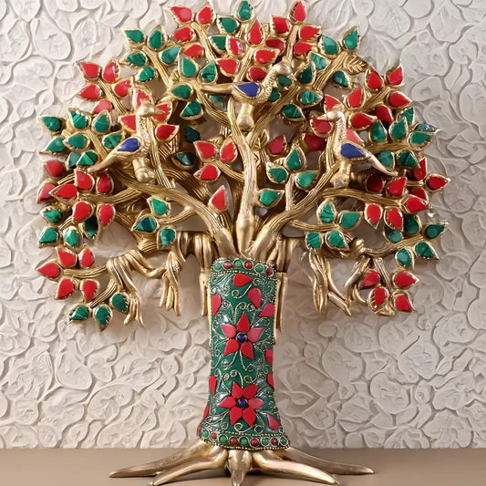 Brassaura™ Brass Kalpavriksha Tree of Life with Birds | Meenakari Stone Work Table Showpiece | Weight 2.52 Kgs | Height 12 Inches
