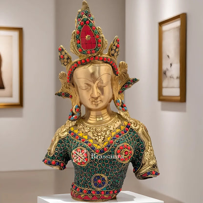 Brassaura™ Tara Head Idol with Gemstone Work | Handcrafted Brass Statue | Height 13 Inches (33 cm) & Weight 4.6 Kgs