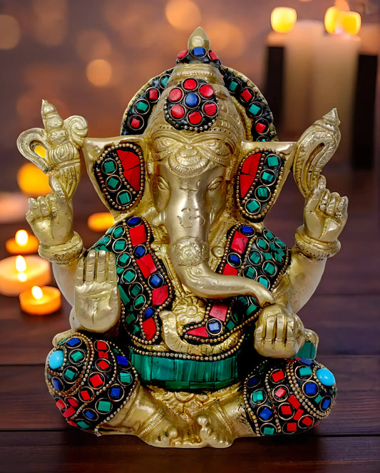 Brassaura™ Brass Gem Stone Work Ganesha Statue – Height 5.91 inches & Weight 2.15 kgs | Traditional Ganpati Murti for Home & Pooja Room
