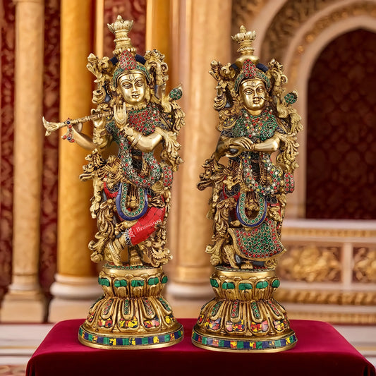 Brassaura™ Brass Radha Krishna Statue Pair – Height 21 Inches & Weight 18 Kgs | Handcrafted Devotional Idol