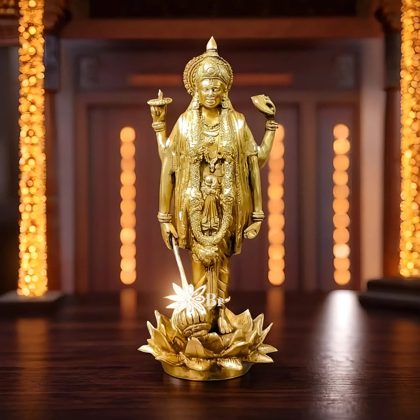 Brassaura™ Handcrafted Brass Lord Vishnu Statue on Lotus Base | 12 Inch Height | 4 KG Weight | Intricate Detailing