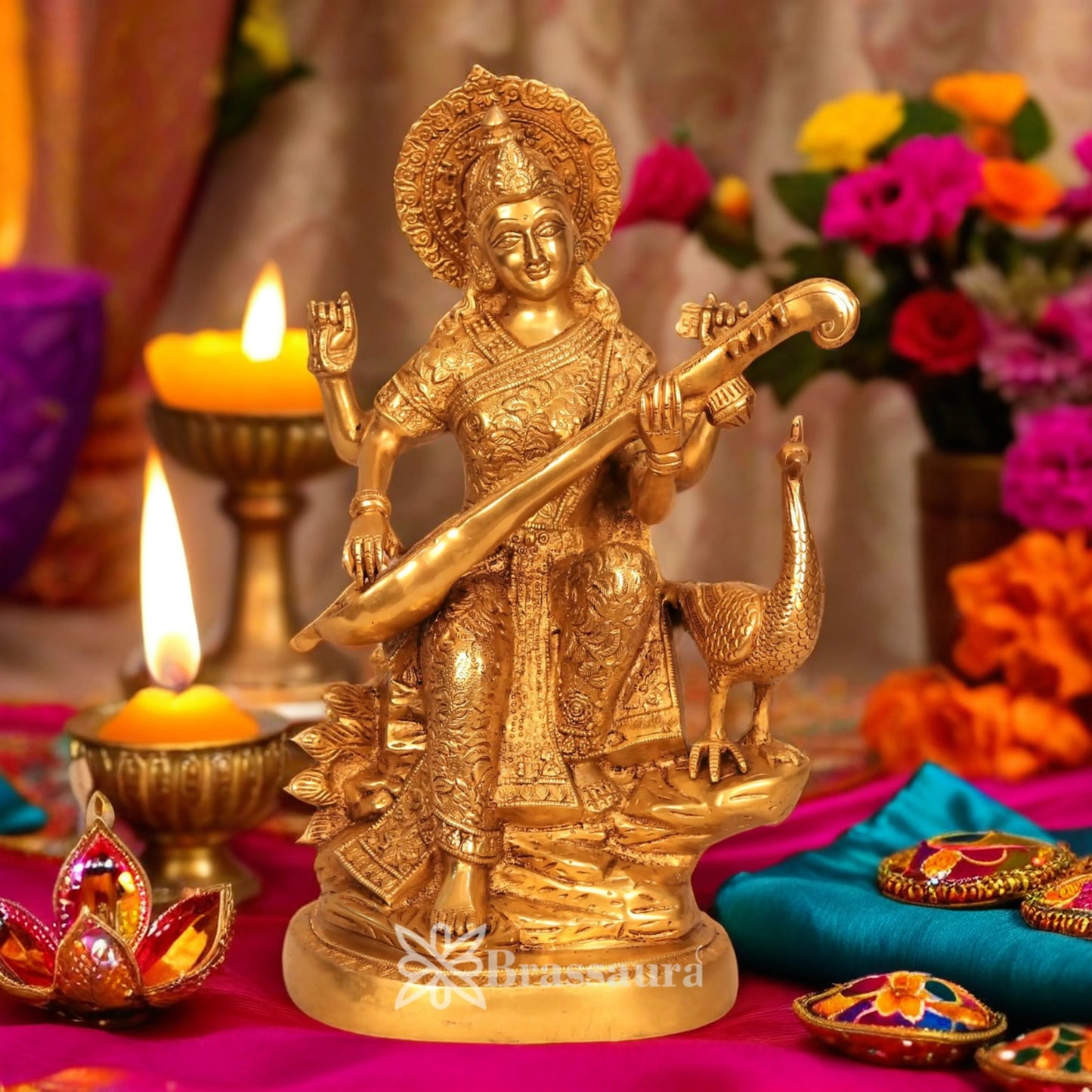 Brassaura™ Brass Goddess Saraswati Murti – Height 14.5 Inches & Weight 10 Kgs | Study Room Idol