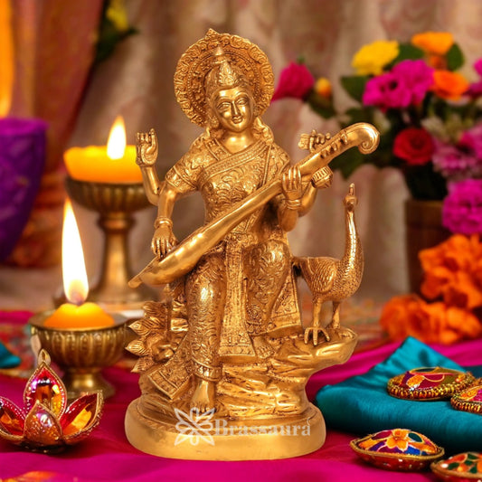 Brassaura™ Brass Goddess Saraswati Murti – Height 14.5 Inches & Weight 10 Kgs | Study Room Idol