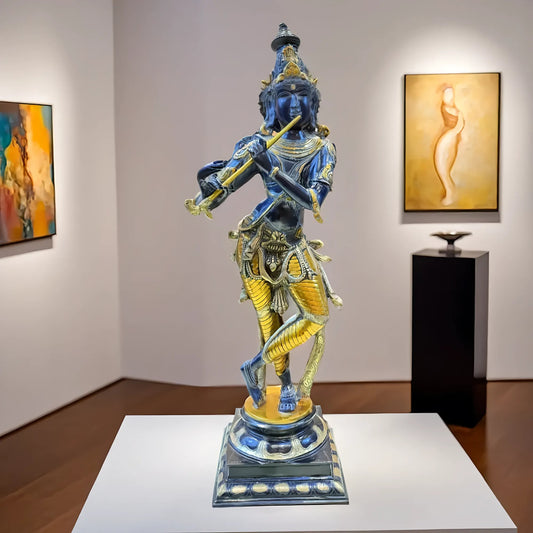Brassaura™ Lord Krishna Brass Statue | Antique Black Stone Finish | Height 35 Inches & Weight 19 Kgs