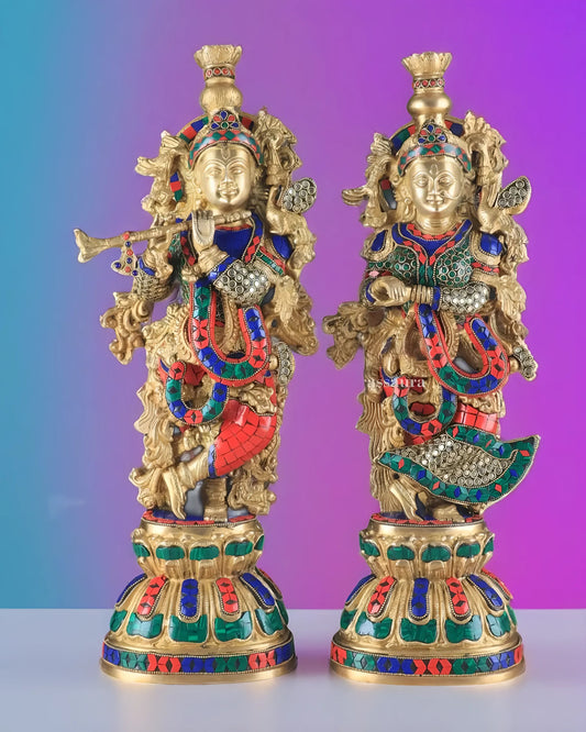 Brassaura™ Pure Brass Radha Krishna Statue with Brass Rings & Stones – Height 21 Inches & Weight 18 Kgs | Elegant Devotional Idol