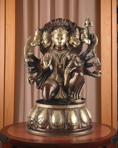 Brassaura™ Brass Panchmukhi Hanuman Idol – Height 13.5 Inches & Weight 9 Kgs | Dual Tone Chola Finish